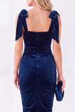 Donkerblauwe Bodycon vierkante hals strikband gerimpelde midi fluwelen jurk