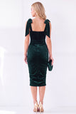 Donkerblauwe Bodycon vierkante hals strikband gerimpelde midi fluwelen jurk