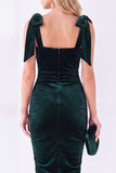 Donkerblauwe Bodycon vierkante hals strikband gerimpelde midi fluwelen jurk
