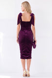 Donkerblauwe Bodycon vierkante hals strikband gerimpelde midi fluwelen jurk