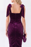 Donkerblauwe Bodycon vierkante hals strikband gerimpelde midi fluwelen jurk