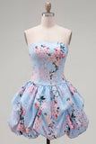 Strapless blauwe A-lijn satijnen bloemen homecomingjurk met kant op de rug