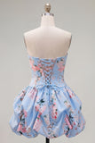 Strapless blauwe A-lijn satijnen bloemen homecomingjurk met kant op de rug
