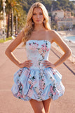 Strapless blauwe A-lijn satijnen bloemen homecomingjurk met kant op de rug