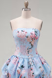 Strapless blauwe A-lijn satijnen bloemen homecomingjurk met kant op de rug