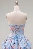Strapless blauwe A-lijn satijnen bloemen homecomingjurk met kant op de rug