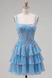 Blauw chiffon korset gelaagde bloemen A-lijn vierkante hals korte homecomingjurk