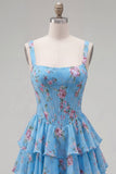 Blauw chiffon korset gelaagde bloemen A-lijn vierkante hals korte homecomingjurk