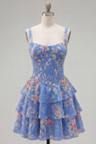 Blauw chiffon korset gelaagde bloemen A-lijn vierkante hals korte homecomingjurk