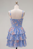 Blauw chiffon korset gelaagde bloemen A-lijn vierkante hals korte homecomingjurk