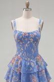 Blauw chiffon korset gelaagde bloemen A-lijn vierkante hals korte homecomingjurk
