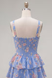 Blauw chiffon korset gelaagde bloemen A-lijn vierkante hals korte homecomingjurk