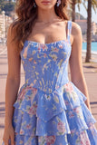 Blauw chiffon korset gelaagde bloemen A-lijn vierkante hals korte homecomingjurk