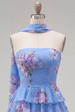 Gele, strapless gelaagde bloemen A-lijn ruches korte homecomingjurk