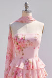 Gele, strapless gelaagde bloemen A-lijn ruches korte homecomingjurk