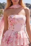 Gele, strapless gelaagde bloemen A-lijn ruches korte homecomingjurk