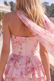 Gele, strapless gelaagde bloemen A-lijn ruches korte homecomingjurk
