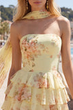 Gele, strapless gelaagde bloemen A-lijn ruches korte homecomingjurk