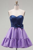 A-Line marineblauw paarse satijnen sweetheart geruffelde homecomingjurk met strik