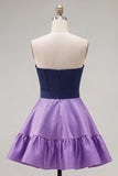 A-Line marineblauw paarse satijnen sweetheart geruffelde homecomingjurk met strik