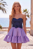 A-Line marineblauw paarse satijnen sweetheart geruffelde homecomingjurk met strik