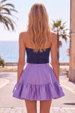 A-Line marineblauw paarse satijnen sweetheart geruffelde homecomingjurk met strik