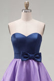 A-Line marineblauw paarse satijnen sweetheart geruffelde homecomingjurk met strik