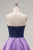 A-Line marineblauw paarse satijnen sweetheart geruffelde homecomingjurk met strik