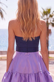 A-Line marineblauw paarse satijnen sweetheart geruffelde homecomingjurk met strik