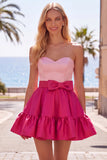 A-Line marineblauw paarse satijnen sweetheart geruffelde homecomingjurk met strik