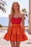 A-Line marineblauw paarse satijnen sweetheart geruffelde homecomingjurk met strik