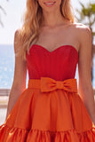 A-Line marineblauw paarse satijnen sweetheart geruffelde homecomingjurk met strik