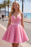 Sweetheart roze A-lijn 3D bloemen korte homecoming jurk met kant op de rug