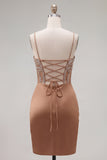Khaki Bodycon gerimpelde spaghettibandjes veters op de achterkant homecoming jurk met kralen