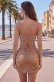 Khaki Bodycon gerimpelde spaghettibandjes veters op de achterkant homecoming jurk met kralen