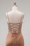 Khaki Bodycon gerimpelde spaghettibandjes veters op de achterkant homecoming jurk met kralen