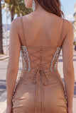 Khaki Bodycon gerimpelde spaghettibandjes veters op de achterkant homecoming jurk met kralen