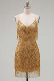 Golden Bodycon Spaghetti Straps Korte Homecoming Jurk met franjes
