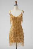 Golden Bodycon Spaghetti Straps Korte Homecoming Jurk met franjes