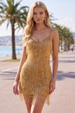 Golden Bodycon Spaghetti Straps Korte Homecoming Jurk met franjes