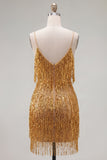 Golden Bodycon Spaghetti Straps Korte Homecoming Jurk met franjes