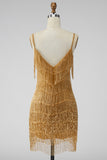 Golden Bodycon Spaghetti Straps Korte Homecoming Jurk met franjes