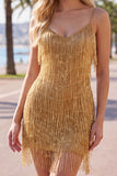 Golden Bodycon Spaghetti Straps Korte Homecoming Jurk met franjes