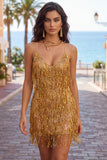 Golden Bodycon Spaghetti Straps Korte Homecoming Jurk met franjes