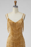 Golden Bodycon Spaghetti Straps Korte Homecoming Jurk met franjes