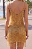 Golden Bodycon Spaghetti Straps Korte Homecoming Jurk met franjes