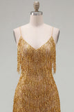 Golden Bodycon Spaghetti Straps Korte Homecoming Jurk met franjes