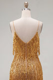 Golden Bodycon Spaghetti Straps Korte Homecoming Jurk met franjes