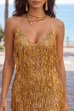Golden Bodycon Spaghetti Straps Korte Homecoming Jurk met franjes
