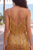 Golden Bodycon Spaghetti Straps Korte Homecoming Jurk met franjes